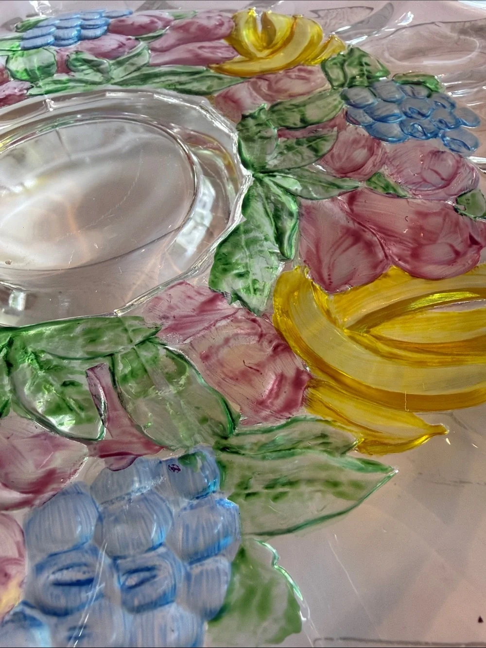 Hand-Painted Glass Serving Bowl with Floral Fruit Motif